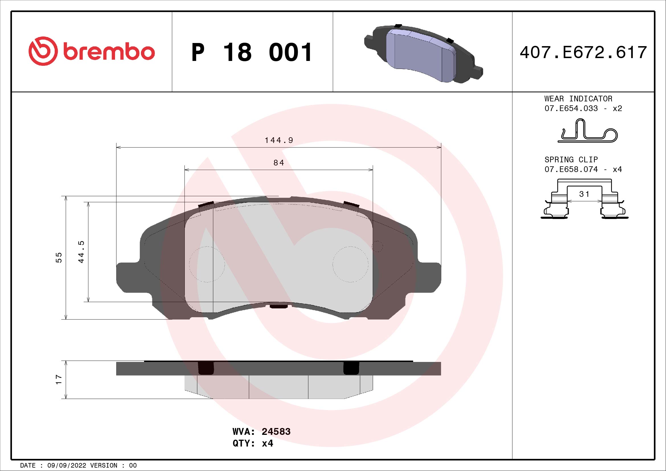 A.B.S. P 18 001 BREMBO Bremsbelagsatz, Scheibenbremse